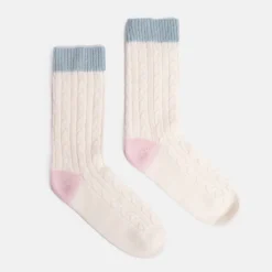 Cream/Blue/Pink Cable Knit Cashmere Bed Socks>Caroline Gardner Best Sale