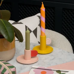 Mustard/Pink Hand Painted Stoneware Candle Holder><noscript><img width=