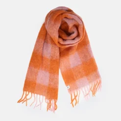 Orange Check Mincho Wool Mix Scarf>Caroline Gardner Online