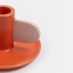 Orange/Pink Hand Painted Stoneware Candle Holder><noscript><img width=