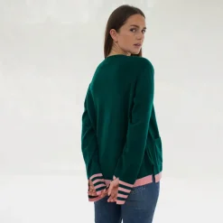 Pine Green/Pink Pure Cashmere Jumper>Caroline Gardner Outlet