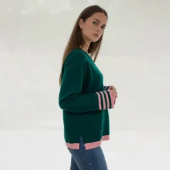Pine Green/Pink Pure Cashmere Jumper><noscript><img width=