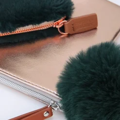 Rose Gold Pouch With Green Faux Fur Pom><noscript><img width=